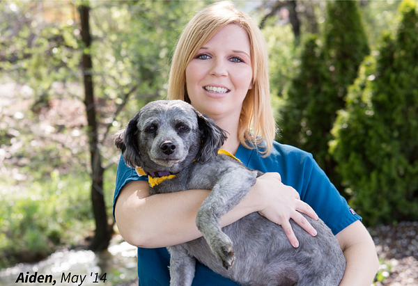 Aiden, a gray and black miniature poodle mix looks towards camera while being held by an anicira employee with short blonde hair and Caribbean blue scrubs