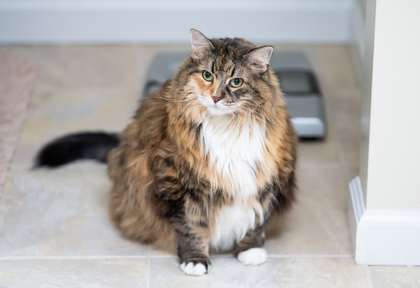 An obese long-haired tabby cat sits on the floor in front of a scale