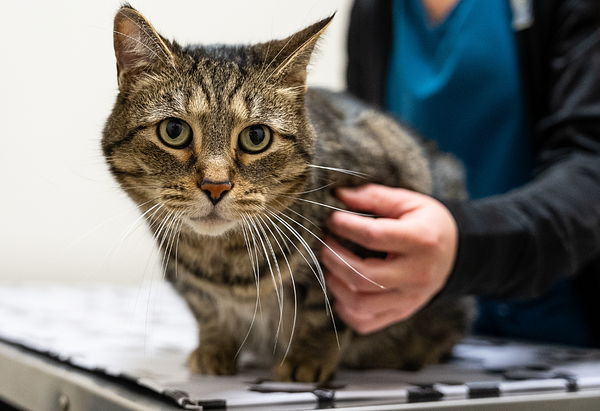 Tabby cat sits on a exam table