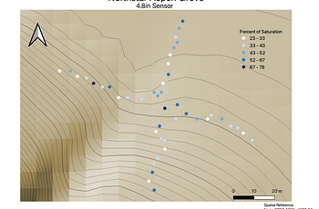 A topographic map in tan showing soil moisture measurements taken in a cross shape in varying shades of blue.