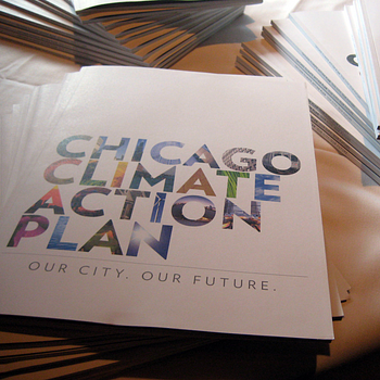 Pile of hard copies of Chicago Climate Action plan