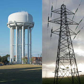 Diptych of water tower and electric utility lines