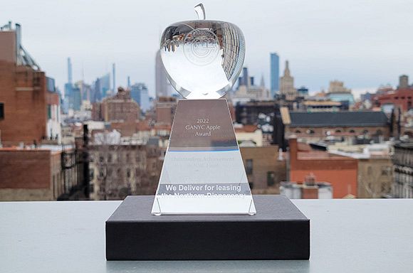 A photo of a glass award with the New York City skyline in the background.