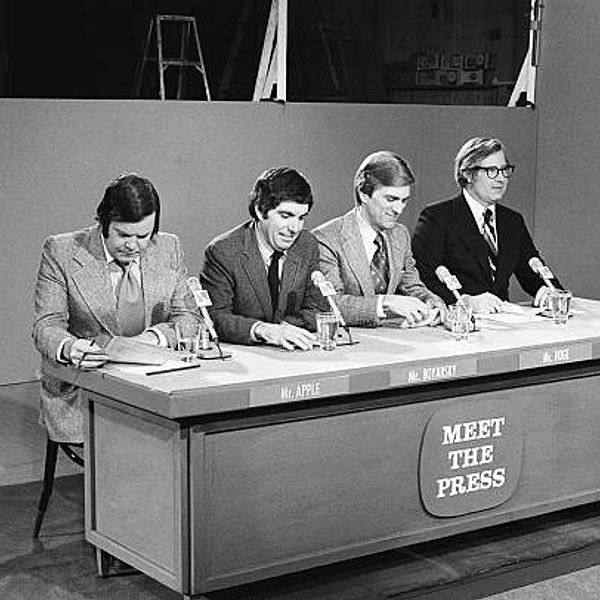 MEET THE PRESS -- Pictured: (l-r) Panelists New York Times' R. W. Apple, Jr., LA Times' Bill Boyarsky, Chicago Sun TImes' James F. Hoge, NBC News' Tom Pettit during the Iowa Democratic Caucus on January 11, 1976 in Des Moines, Iowa -- (Photo by: NBC/NBCU Photo Bank via Getty Images)
