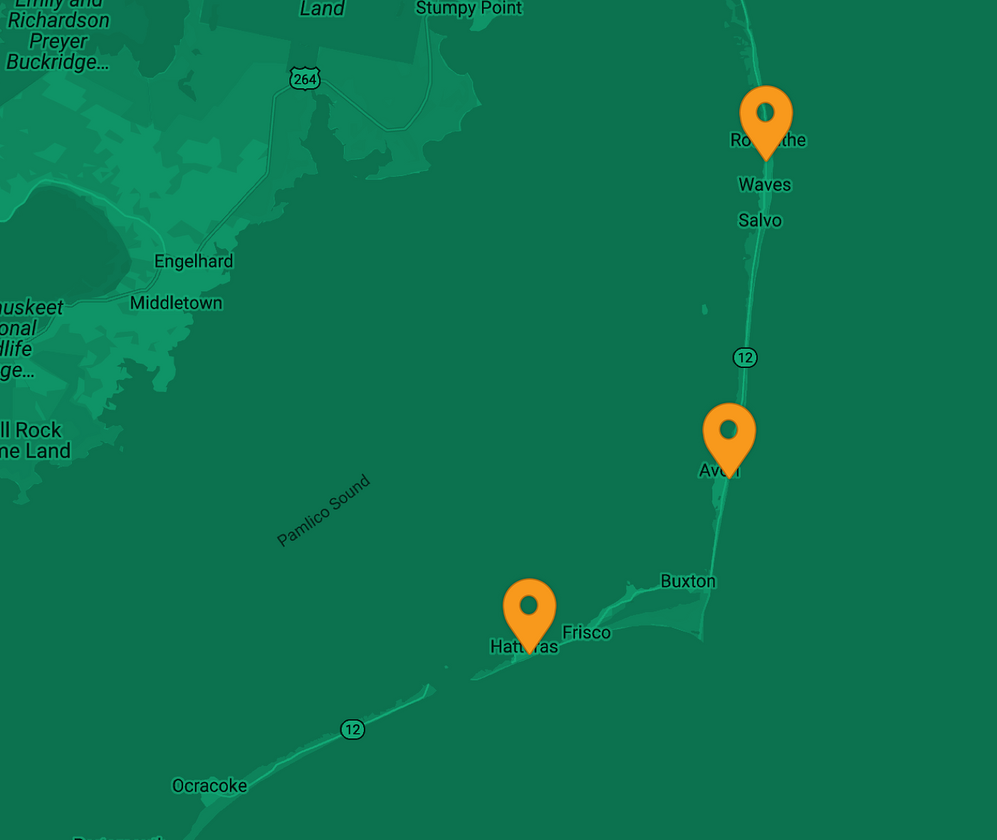 Map indicating EV chargers on Hatteras Island