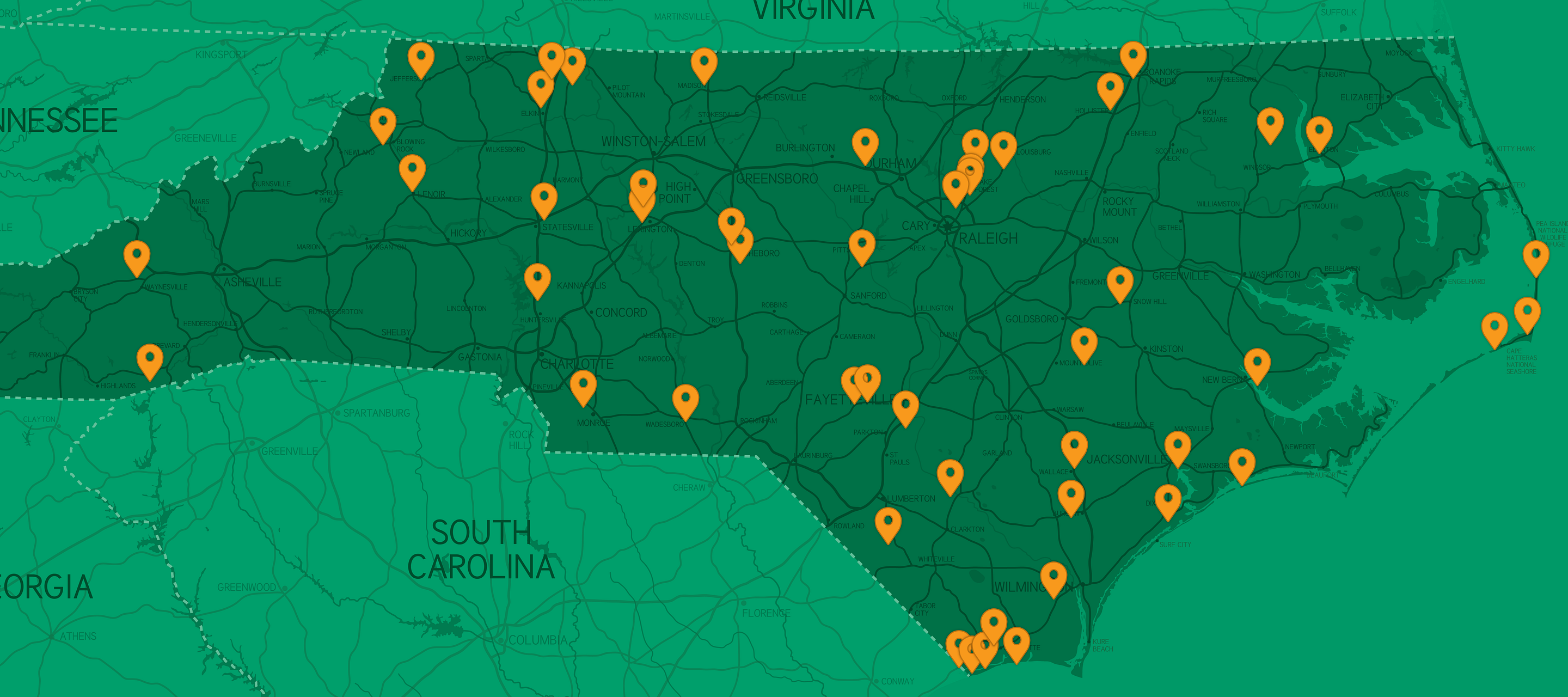Map showing locations of EV charging stations in N.C.