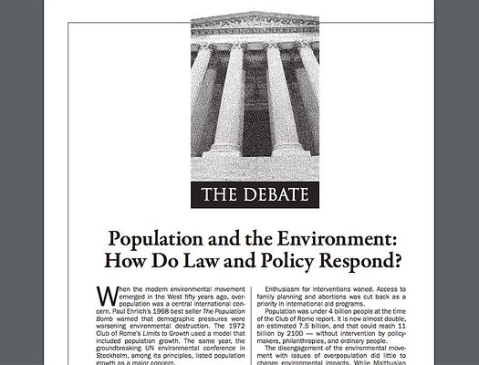 Cover of a research journal article titled Population and the Environment: How Do Law and Policy Respond?