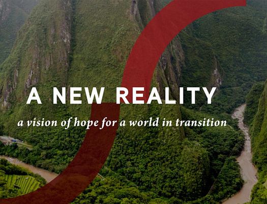 "A NEW REALITY a vision of hope for a world in transition" text overlaid on a picture of dense forest and mountains