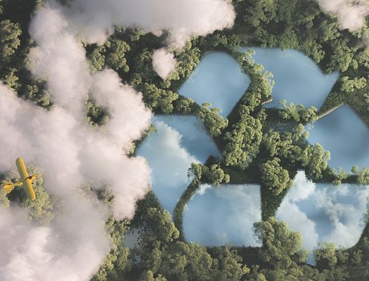 An aerial graphic with the recycle logo overtop of a forest