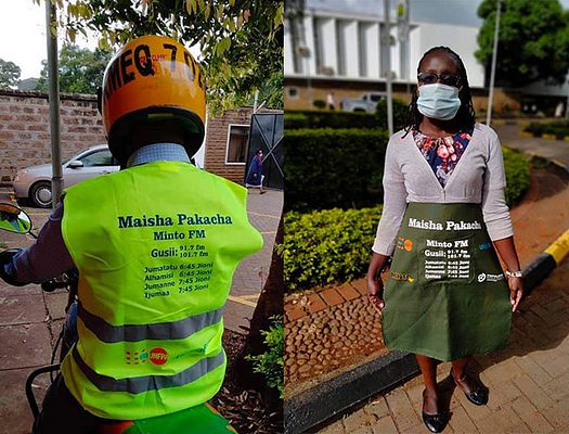 Split image. On the left, a man one a mopen wearing a bright yellow vest promoting Maisha Pakatcha. On the right, A woman standing outside wears a apron promoting Maisha Pakatcha.