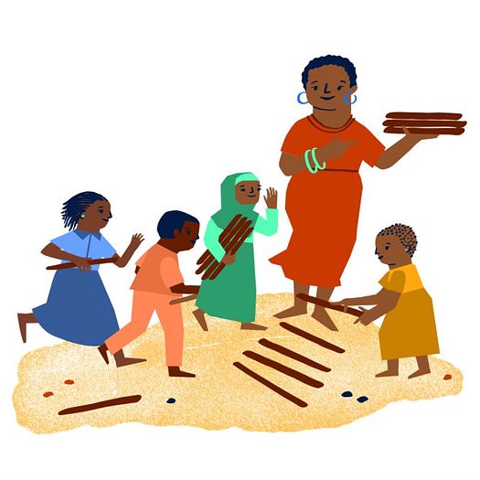 Illustrated graphic of four children playing with sticks and a woman holding a pile of the sticks