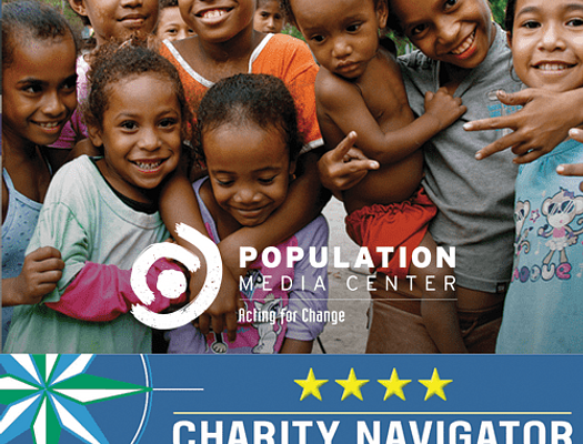 Photo of children with an overlay of the four star charity rating from Charity Navigator