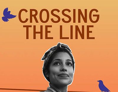 Crossing the Line orange cover with woman smiling and birds on wire