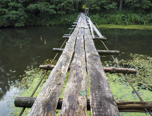 A worn wooden bridge over a body of water