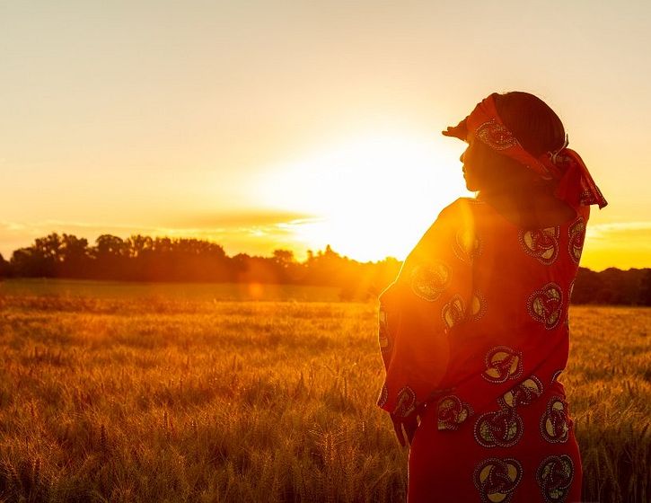 Person standing in field at sunset. The sky is orange and the person is up to their waist in plants