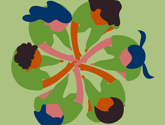 Graphic of girls huddled up with their hands in the center.
