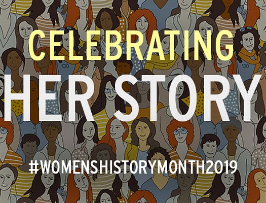 PMC Women's History Month graphic with drawings of many women from all nationalities. The tagline says "Celebrating Her Story"