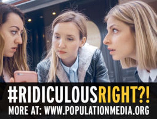 3 young women look uncomprehendingly at each other with caption #RidiculousRight?! More at: www.populationmedia.org