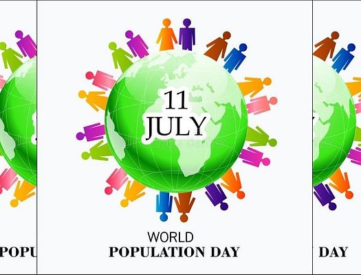 World Population Day graphic with people graphics holding hands around a green globe
