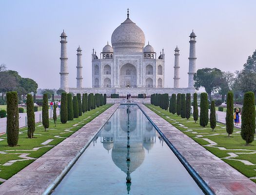 The Taj Mahal overlooking a reflecting pool